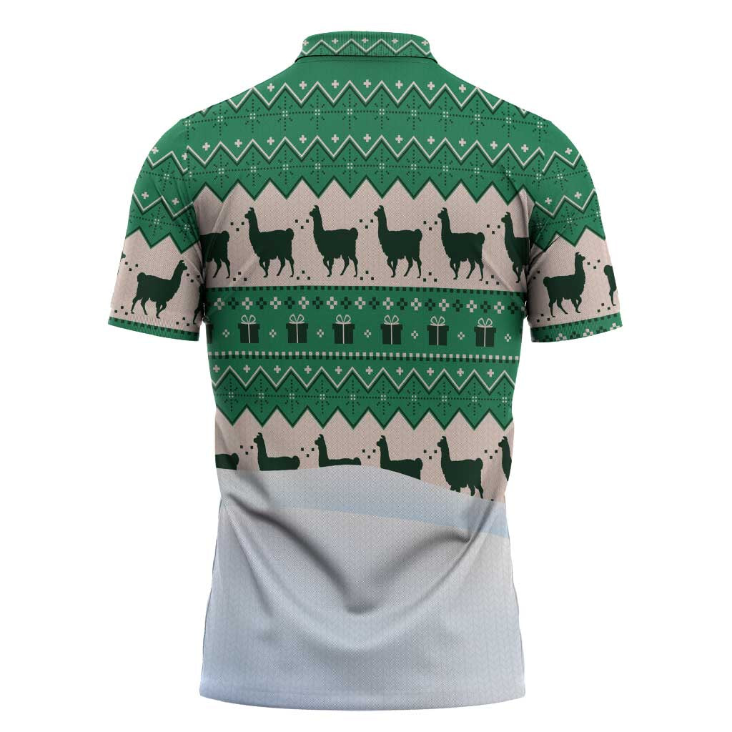 Llama Decorating Tree in Santa Hat Zipper Polo Shirt with Green Gift Pattern Design - Wonder Print Shop