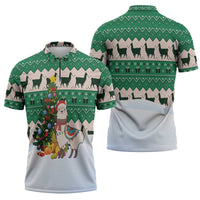 Llama Decorating Tree in Santa Hat Zipper Polo Shirt with Green Gift Pattern Design - Wonder Print Shop