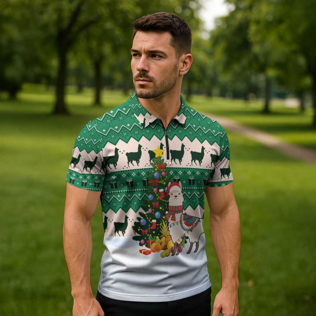 Llama Decorating Tree in Santa Hat Zipper Polo Shirt with Green Gift Pattern Design - Wonder Print Shop