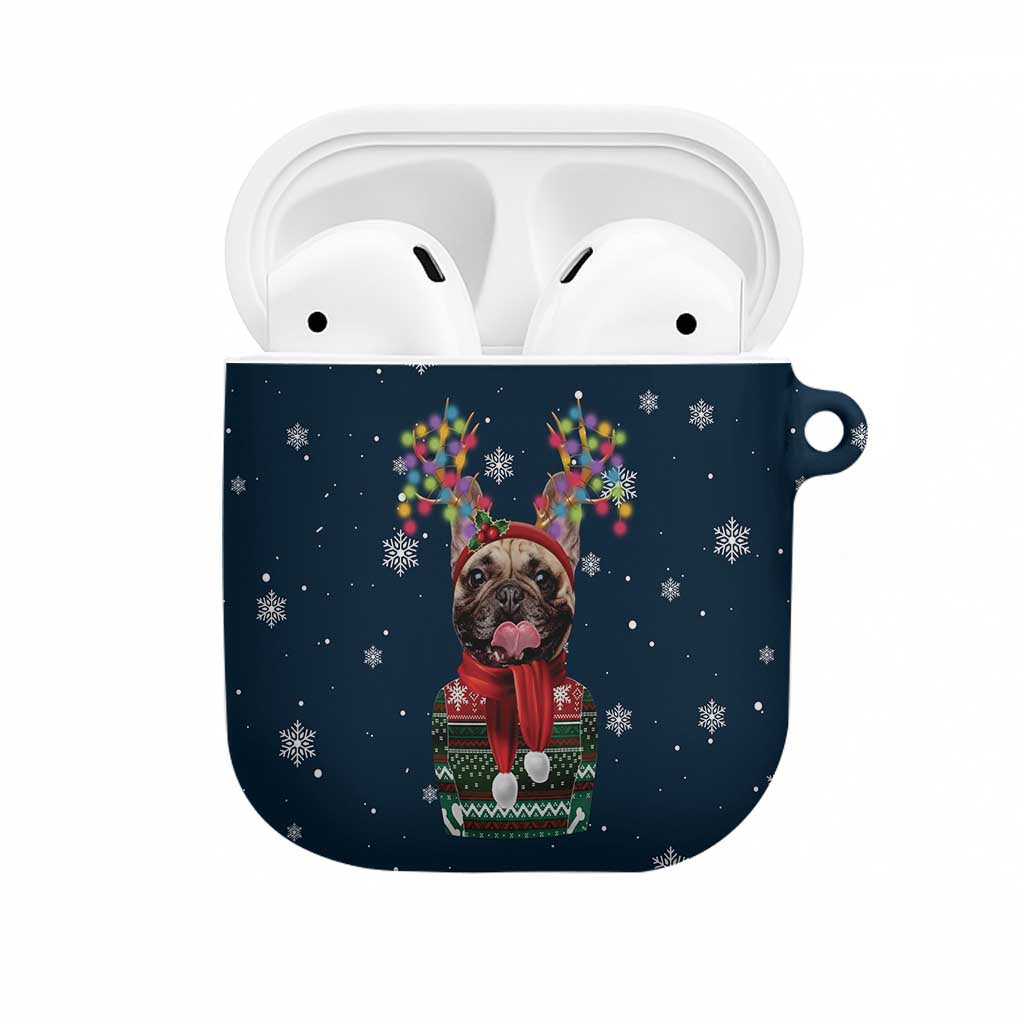 French Bulldog Reindeer Antlers Lights AirPods Case with Red Green Winter Pattern Design - Wonder Print Shop
