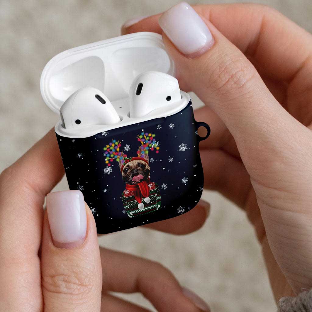 French Bulldog Reindeer Antlers Lights AirPods Case with Red Green Winter Pattern Design - Wonder Print Shop