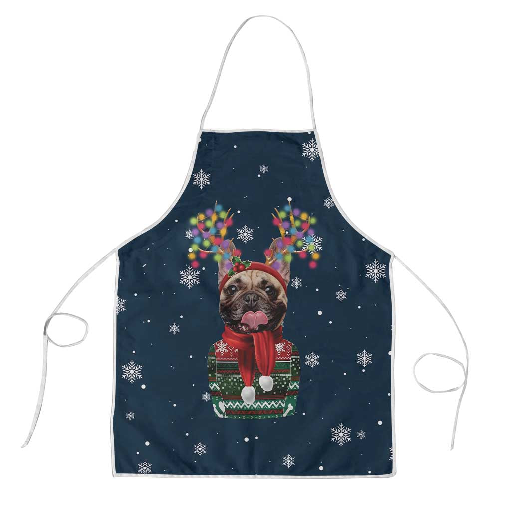 French Bulldog Reindeer Antlers Lights Apron with Red Green Winter Pattern Design - Wonder Print Shop