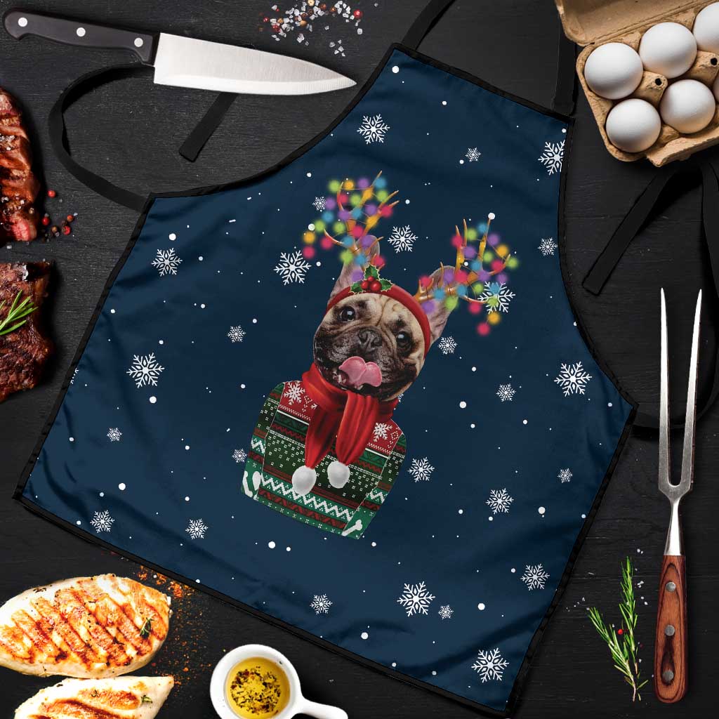 French Bulldog Reindeer Antlers Lights Apron with Red Green Winter Pattern Design - Wonder Print Shop