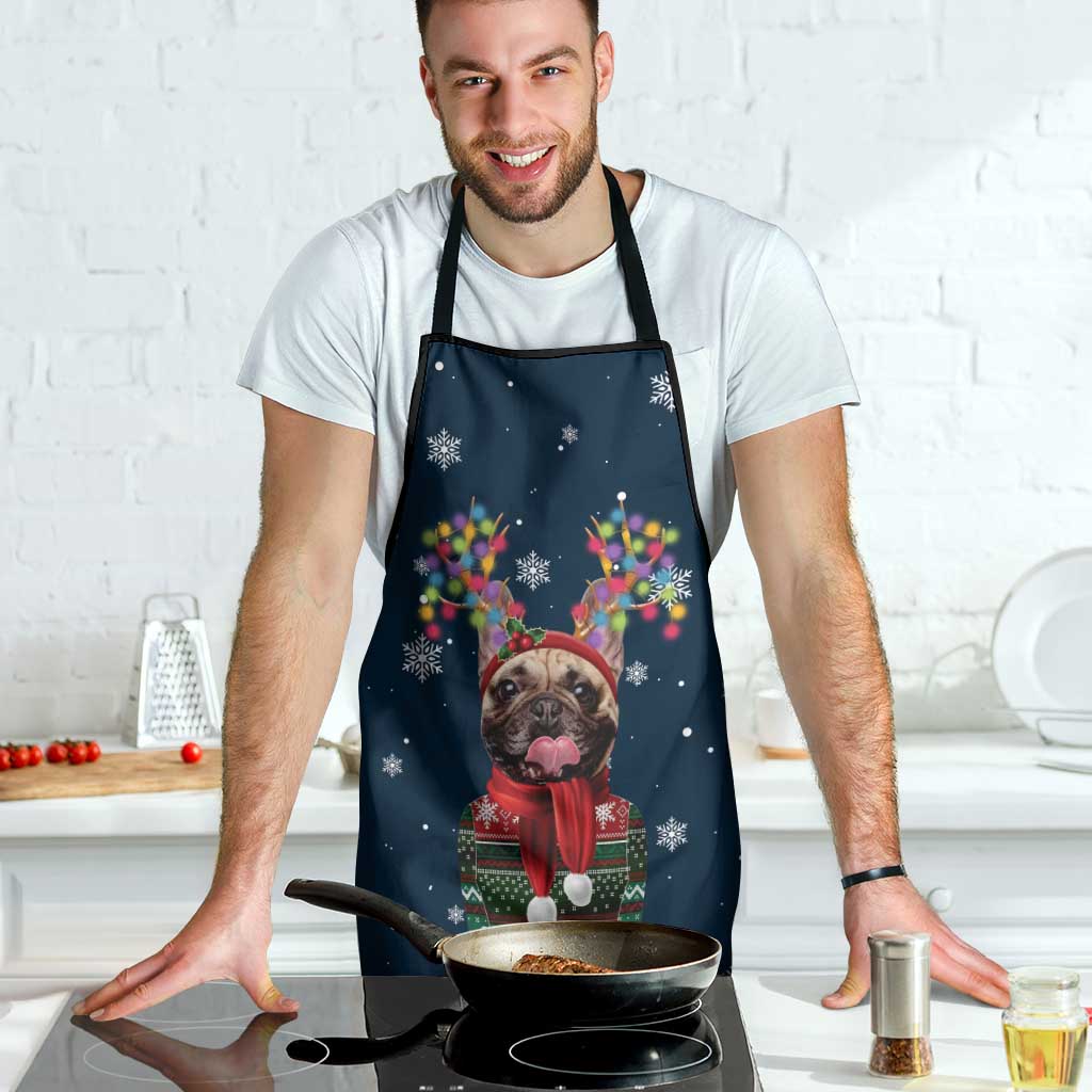 French Bulldog Reindeer Antlers Lights Apron with Red Green Winter Pattern Design - Wonder Print Shop