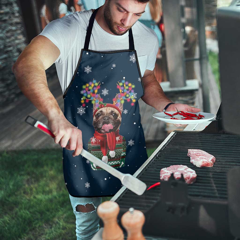 French Bulldog Reindeer Antlers Lights Apron with Red Green Winter Pattern Design - Wonder Print Shop