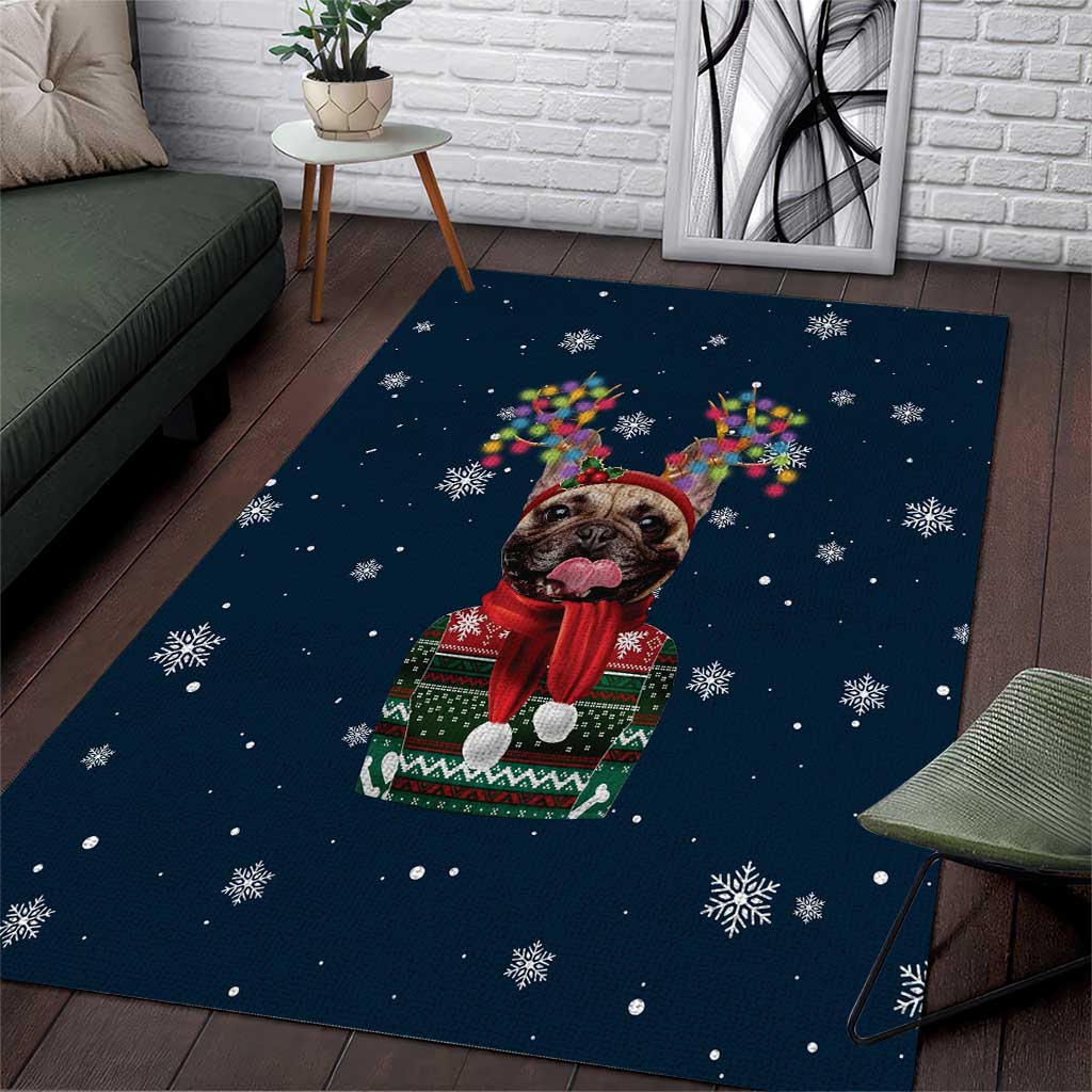 French Bulldog Reindeer Antlers Lights Area Rug with Red Green Winter Pattern Design - Wonder Print Shop