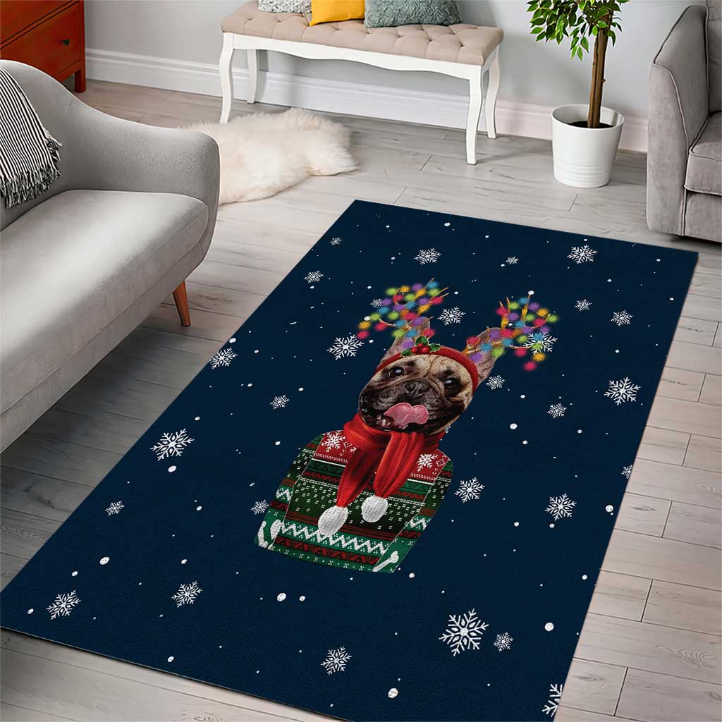French Bulldog Reindeer Antlers Lights Area Rug with Red Green Winter Pattern Design - Wonder Print Shop