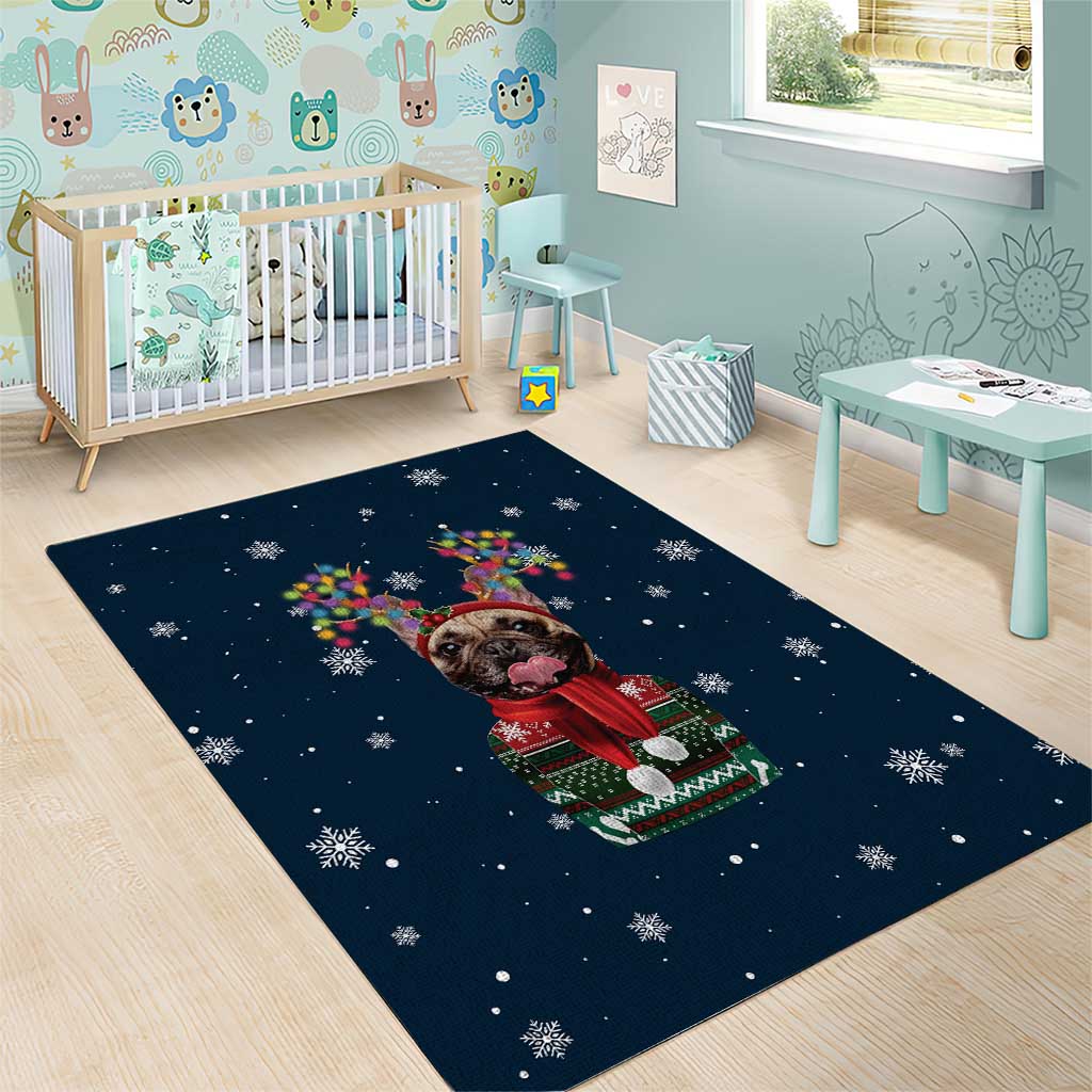French Bulldog Reindeer Antlers Lights Area Rug with Red Green Winter Pattern Design - Wonder Print Shop