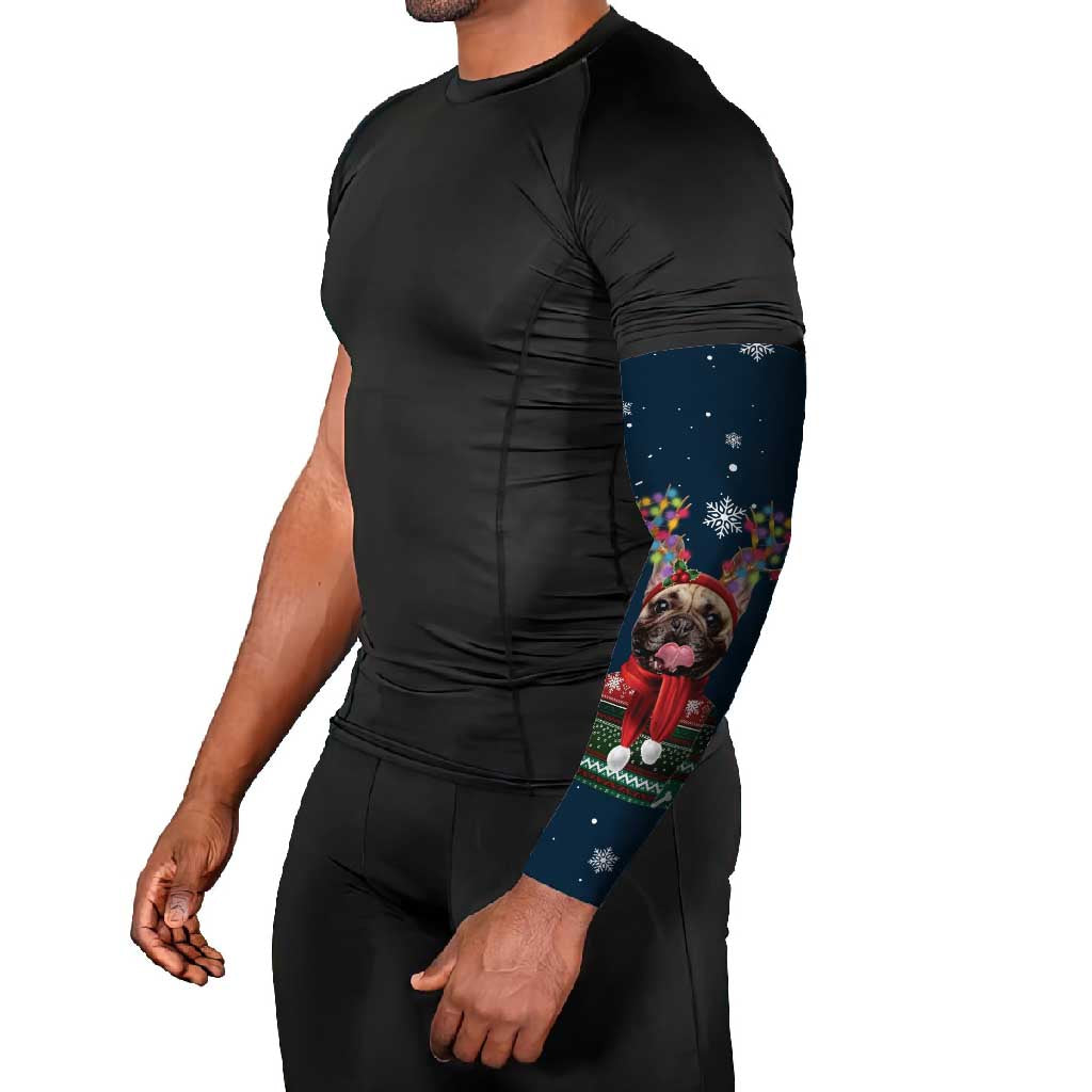 French Bulldog Reindeer Antlers Lights Arm Sleeves with Red Green Winter Pattern Design - Wonder Print Shop