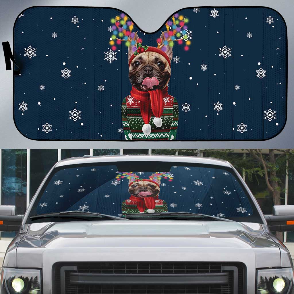 French Bulldog Reindeer Antlers Lights Auto Sun Shade with Red Green Winter Pattern Design - Wonder Print Shop