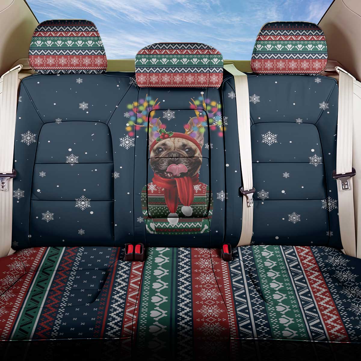 French Bulldog Reindeer Antlers Lights Back Car Seat Cover with Red Green Winter Pattern Design - Wonder Print Shop