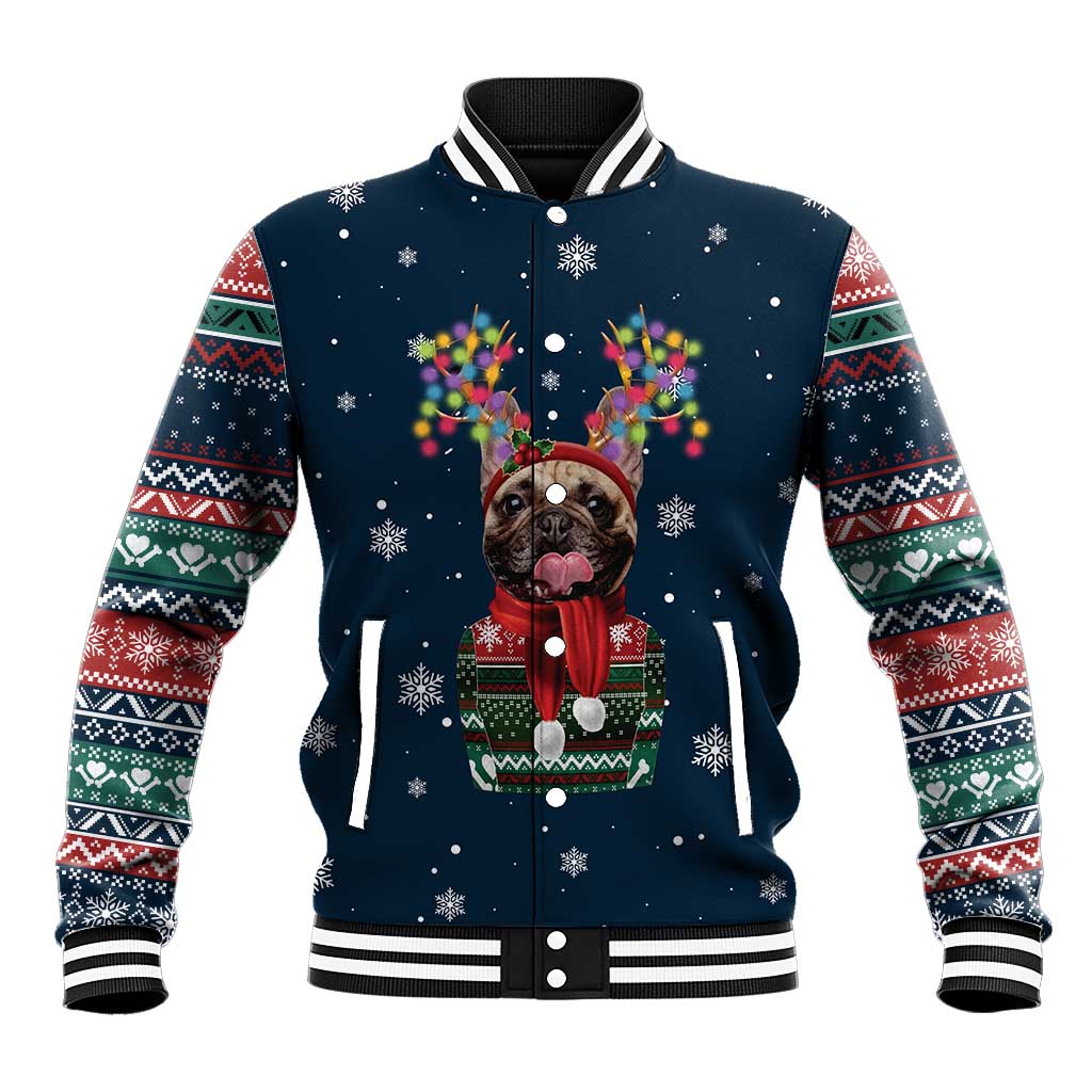 French Bulldog Reindeer Antlers Lights Baseball Jacket with Red Green Winter Pattern Design - Wonder Print Shop