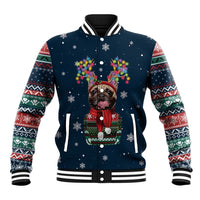 French Bulldog Reindeer Antlers Lights Baseball Jacket with Red Green Winter Pattern Design - Wonder Print Shop