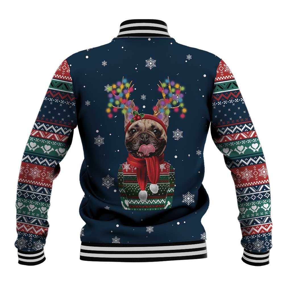French Bulldog Reindeer Antlers Lights Baseball Jacket with Red Green Winter Pattern Design - Wonder Print Shop