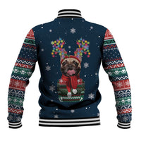 French Bulldog Reindeer Antlers Lights Baseball Jacket with Red Green Winter Pattern Design - Wonder Print Shop