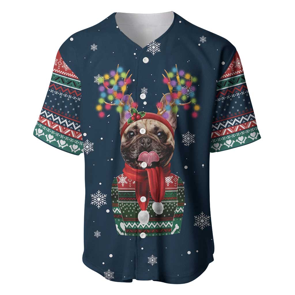 French Bulldog Reindeer Antlers Lights Baseball Jersey with Red Green Winter Pattern Design - Wonder Print Shop