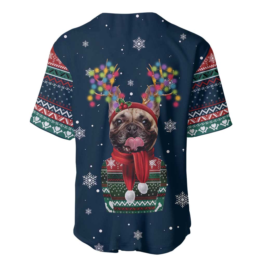 French Bulldog Reindeer Antlers Lights Baseball Jersey with Red Green Winter Pattern Design - Wonder Print Shop