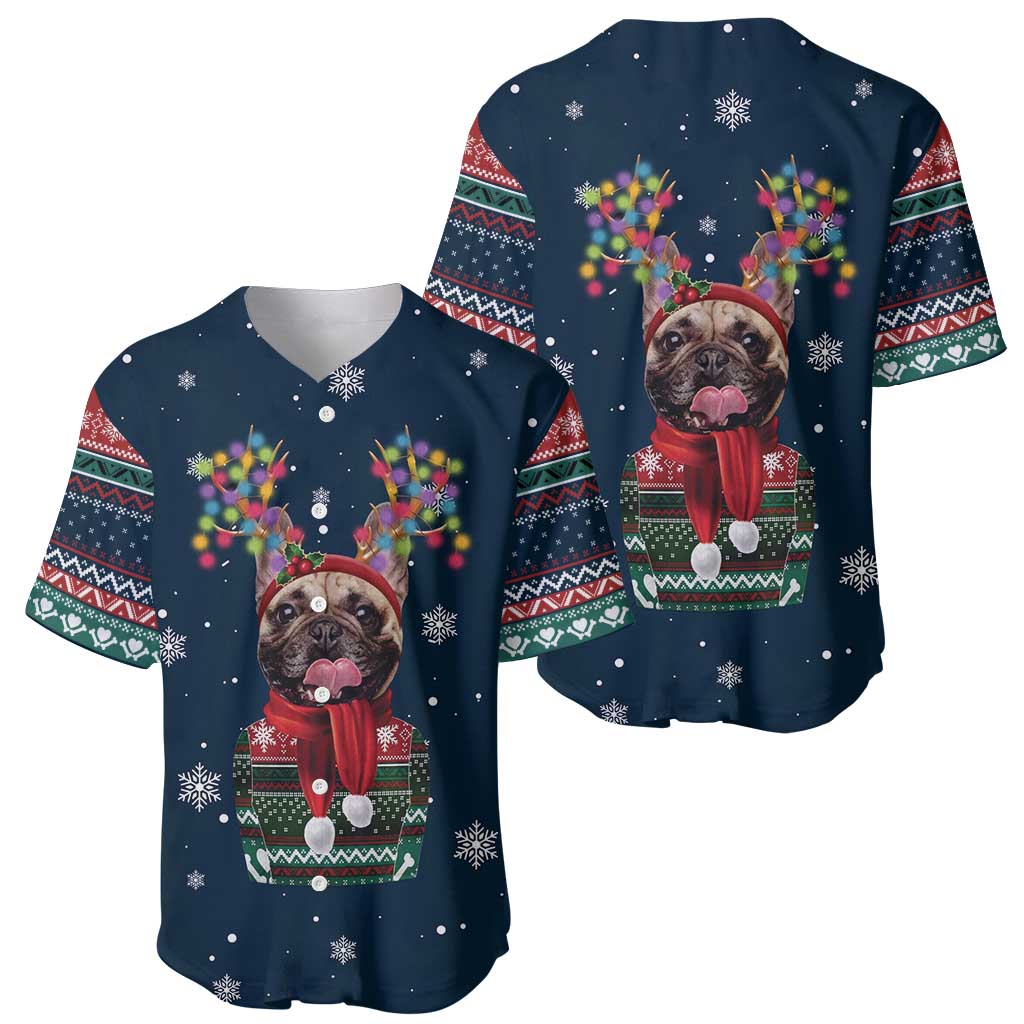 French Bulldog Reindeer Antlers Lights Baseball Jersey with Red Green Winter Pattern Design - Wonder Print Shop
