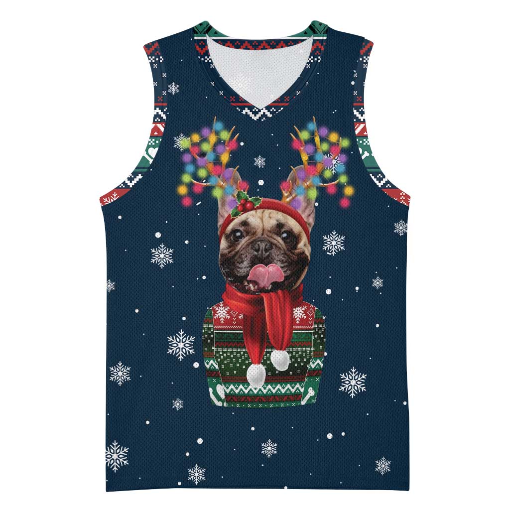 French Bulldog Reindeer Antlers Lights Basketball Jersey with Red Green Winter Pattern Design - Wonder Print Shop