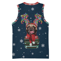 French Bulldog Reindeer Antlers Lights Basketball Jersey with Red Green Winter Pattern Design - Wonder Print Shop