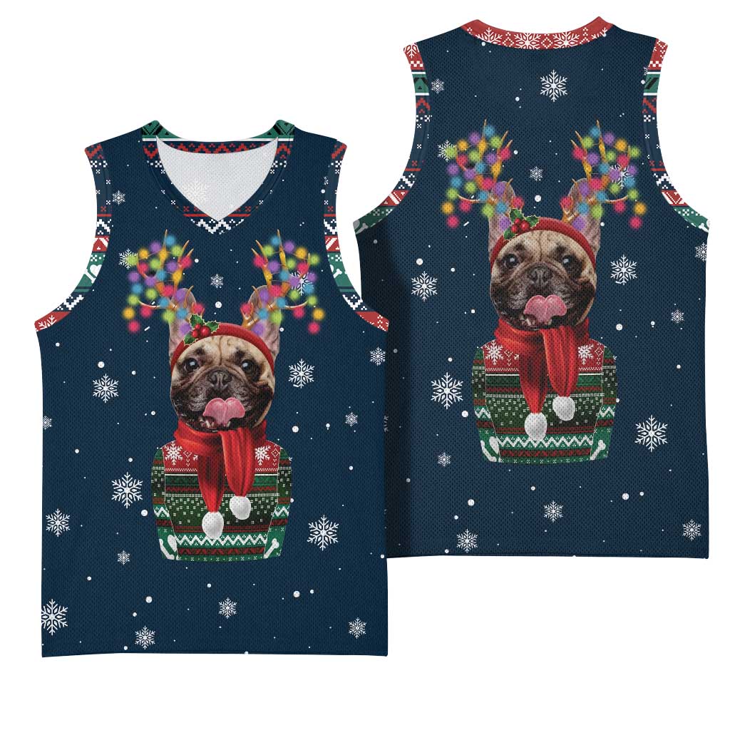 French Bulldog Reindeer Antlers Lights Basketball Jersey with Red Green Winter Pattern Design - Wonder Print Shop