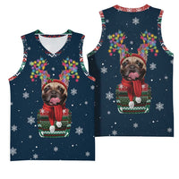 French Bulldog Reindeer Antlers Lights Basketball Jersey with Red Green Winter Pattern Design - Wonder Print Shop