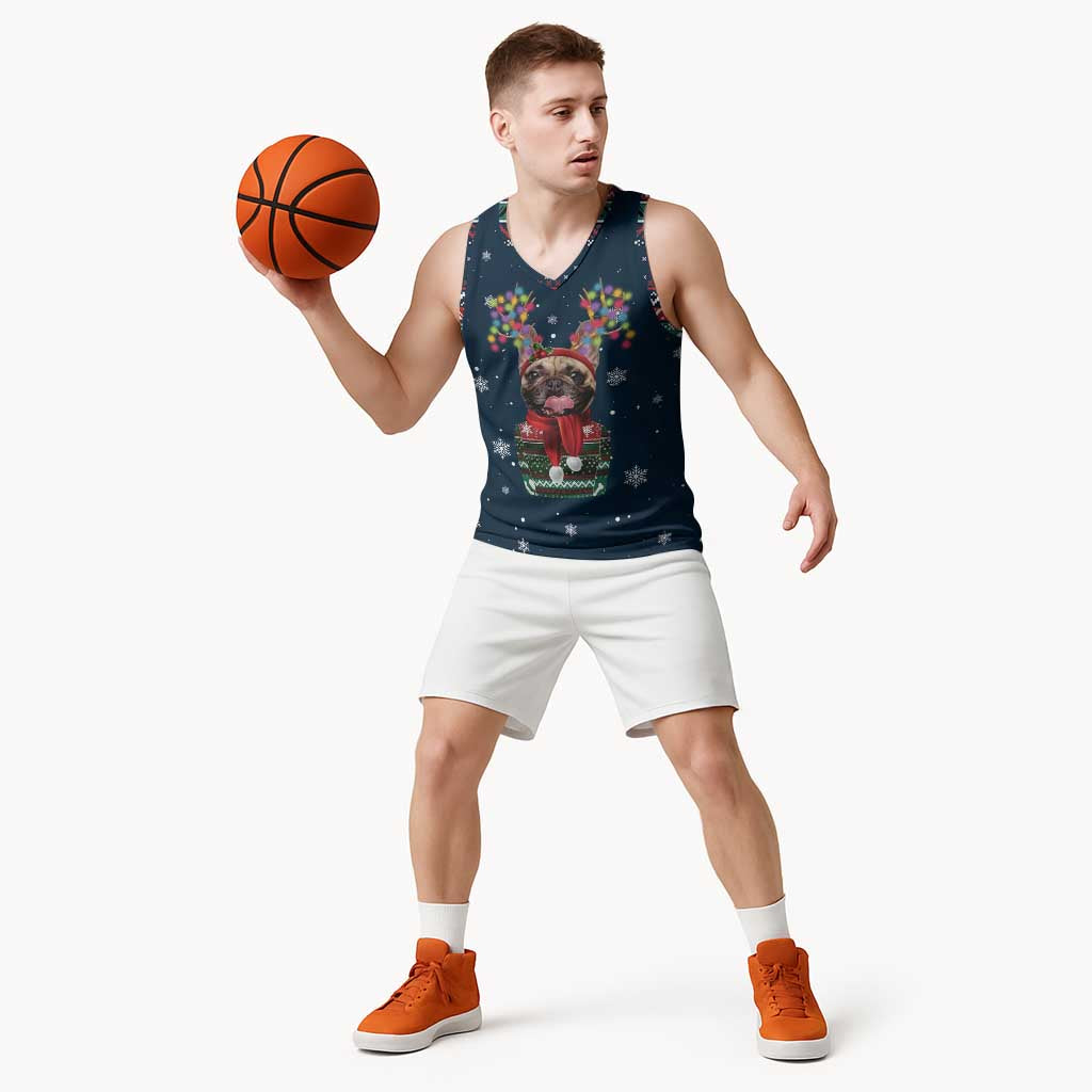 French Bulldog Reindeer Antlers Lights Basketball Jersey with Red Green Winter Pattern Design - Wonder Print Shop