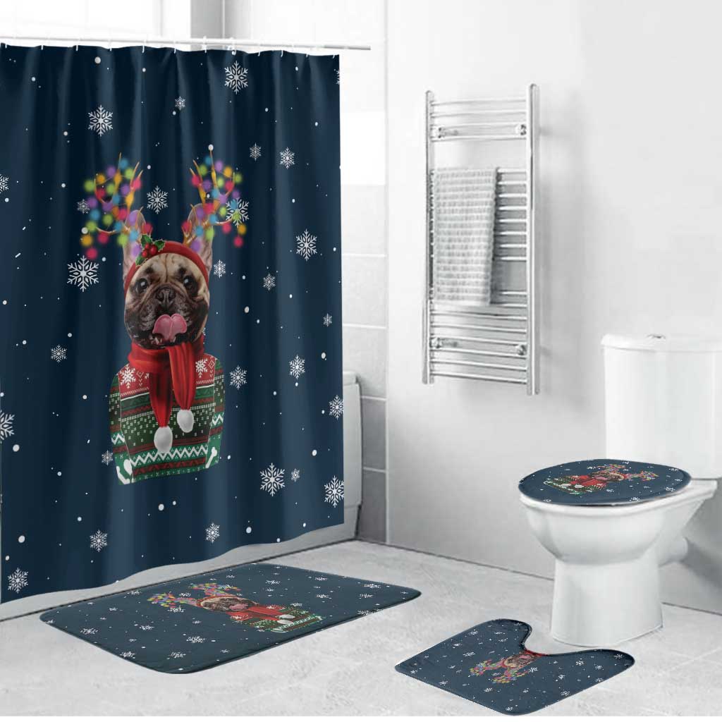 French Bulldog Reindeer Antlers Lights Bathroom Set with Red Green Winter Pattern Design - Wonder Print Shop