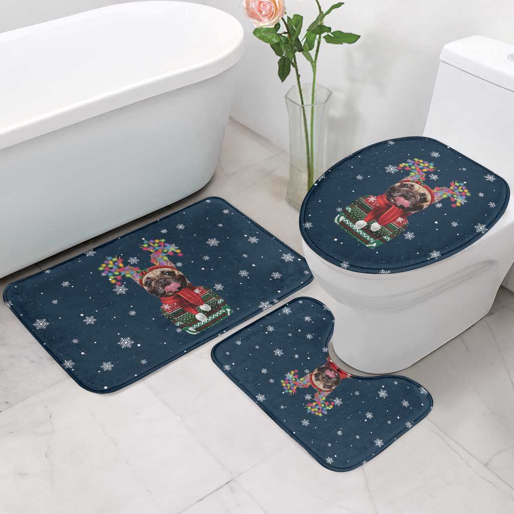 French Bulldog Reindeer Antlers Lights Bathroom Set with Red Green Winter Pattern Design - Wonder Print Shop