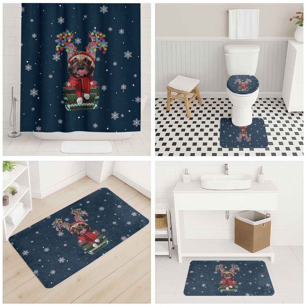 French Bulldog Reindeer Antlers Lights Bathroom Set with Red Green Winter Pattern Design - Wonder Print Shop