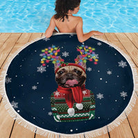 French Bulldog Reindeer Antlers Lights Beach Blanket with Red Green Winter Pattern Design - Wonder Print Shop