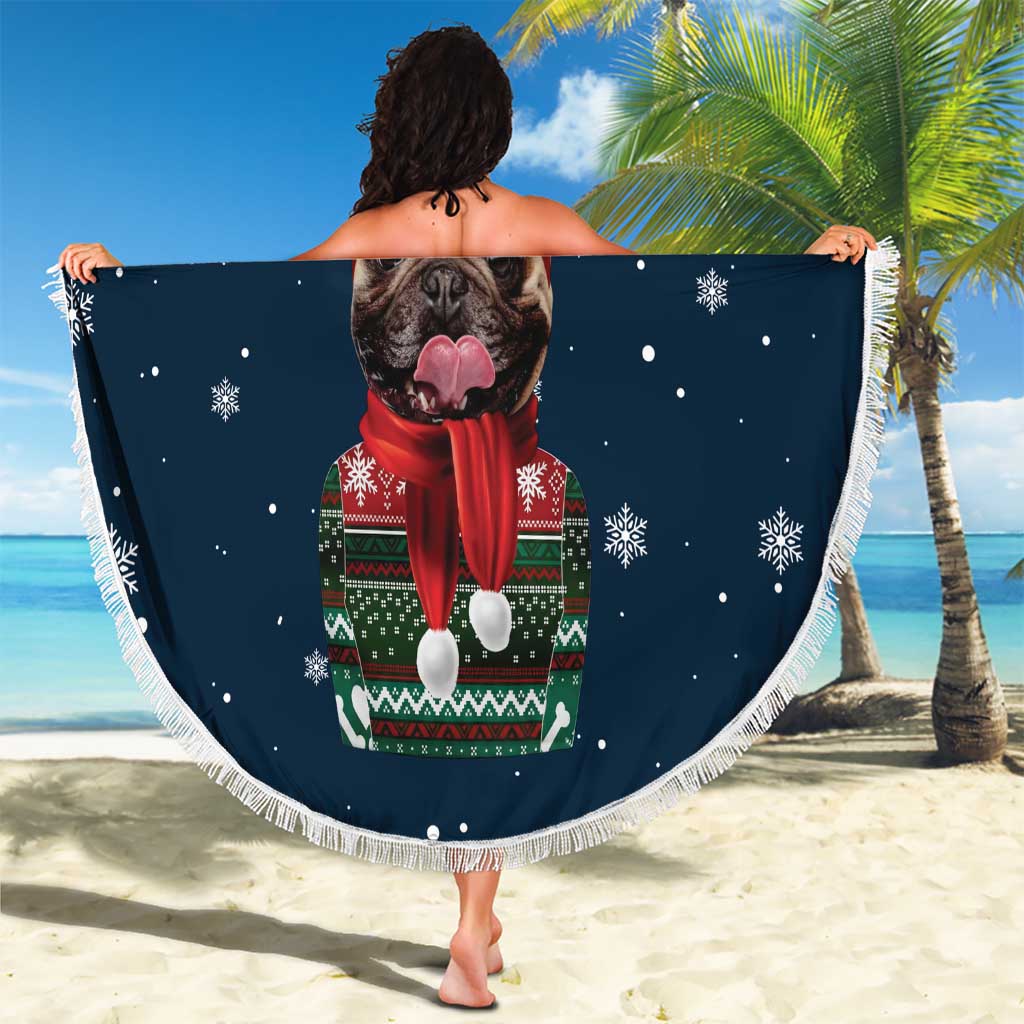 French Bulldog Reindeer Antlers Lights Beach Blanket with Red Green Winter Pattern Design - Wonder Print Shop