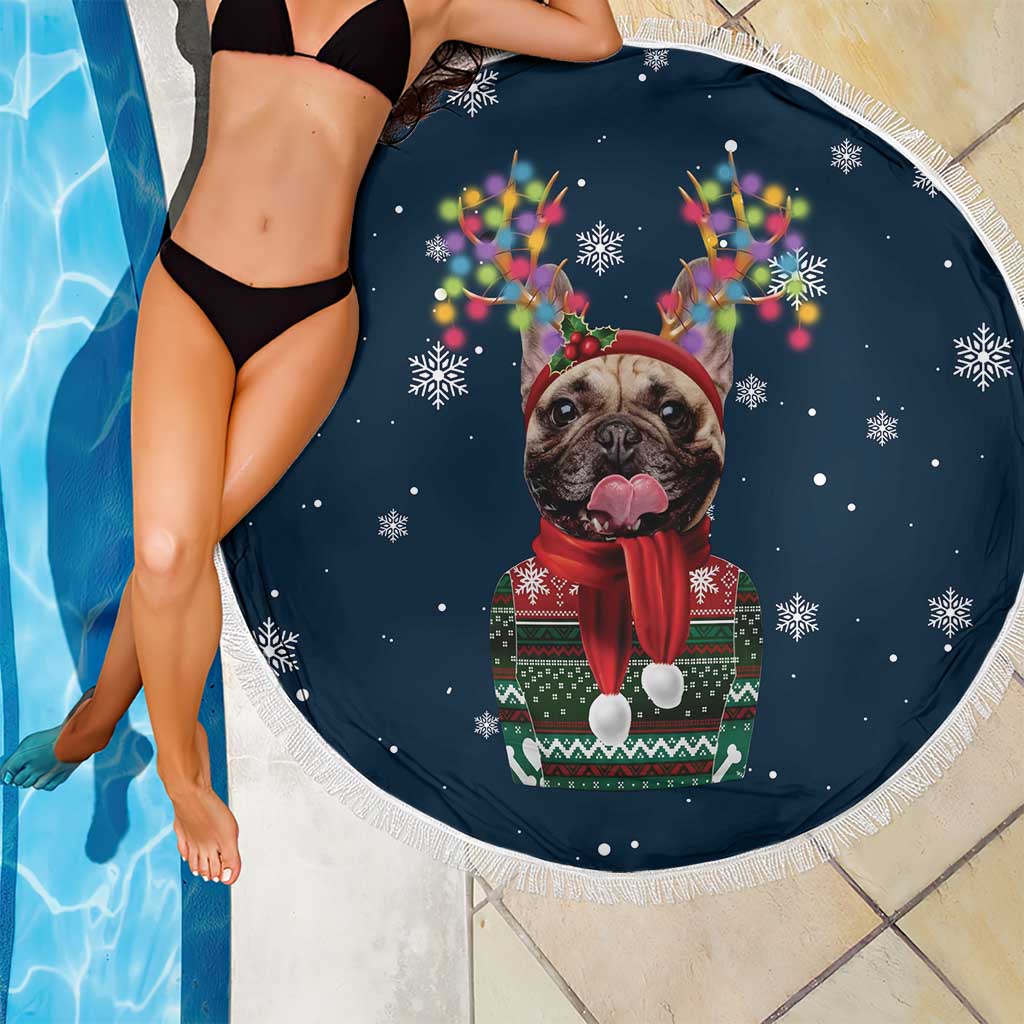 French Bulldog Reindeer Antlers Lights Beach Blanket with Red Green Winter Pattern Design - Wonder Print Shop