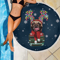French Bulldog Reindeer Antlers Lights Beach Blanket with Red Green Winter Pattern Design - Wonder Print Shop