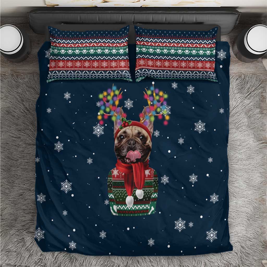 French Bulldog Reindeer Antlers Lights Bedding Set with Red Green Winter Pattern Design - Wonder Print Shop