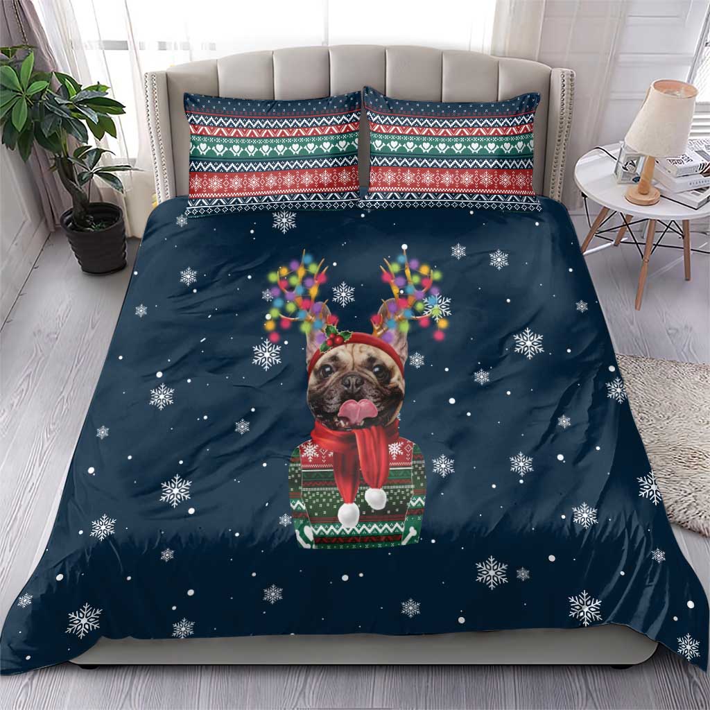 French Bulldog Reindeer Antlers Lights Bedding Set with Red Green Winter Pattern Design - Wonder Print Shop