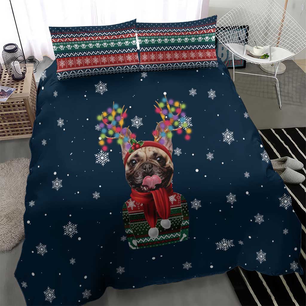 French Bulldog Reindeer Antlers Lights Bedding Set with Red Green Winter Pattern Design - Wonder Print Shop