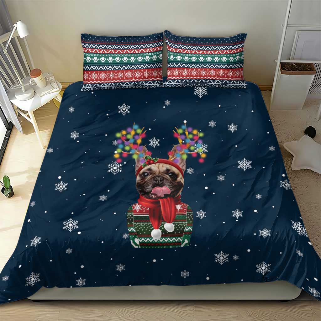 French Bulldog Reindeer Antlers Lights Bedding Set with Red Green Winter Pattern Design - Wonder Print Shop
