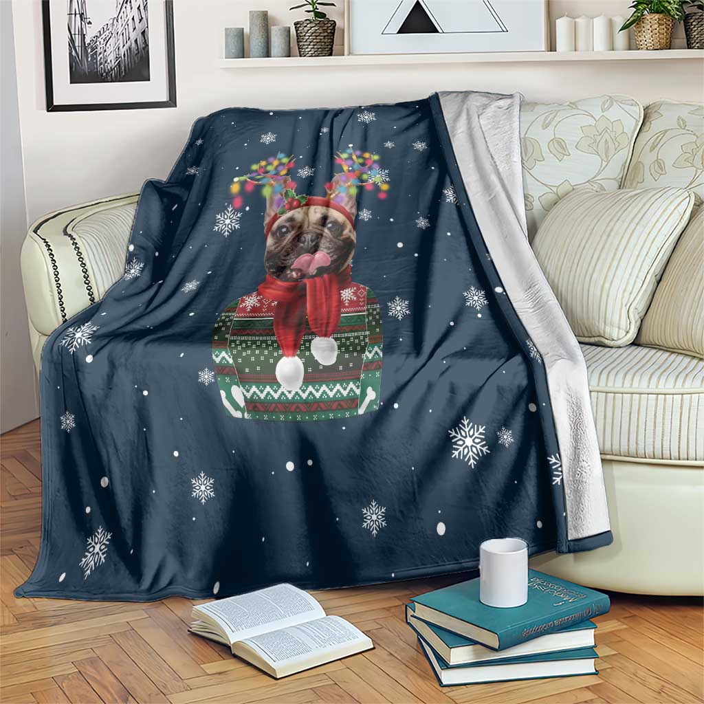 French Bulldog Reindeer Antlers Lights Blanket with Red Green Winter Pattern Design - Wonder Print Shop