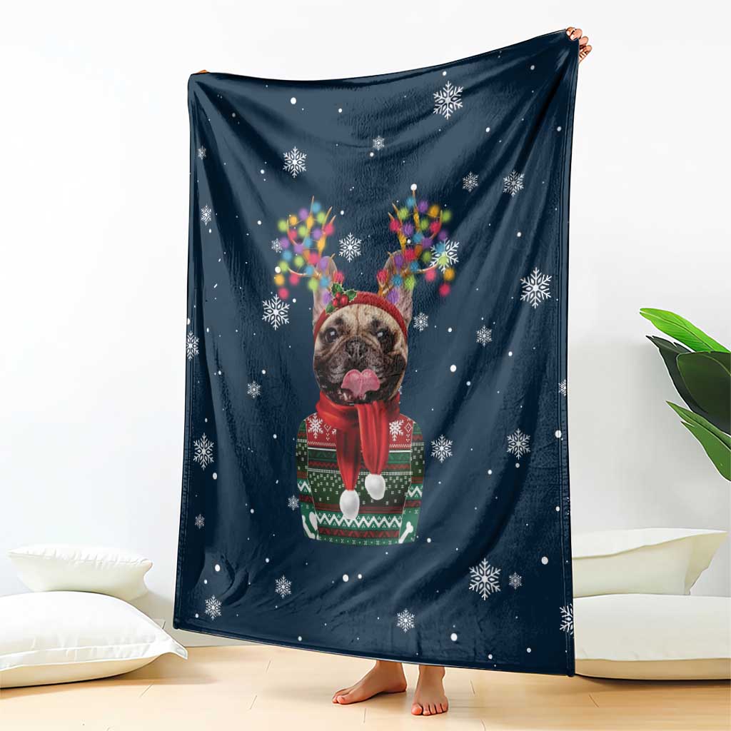 French Bulldog Reindeer Antlers Lights Blanket with Red Green Winter Pattern Design - Wonder Print Shop