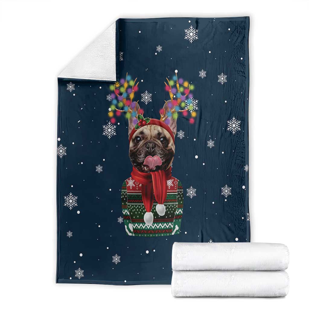 French Bulldog Reindeer Antlers Lights Blanket with Red Green Winter Pattern Design - Wonder Print Shop