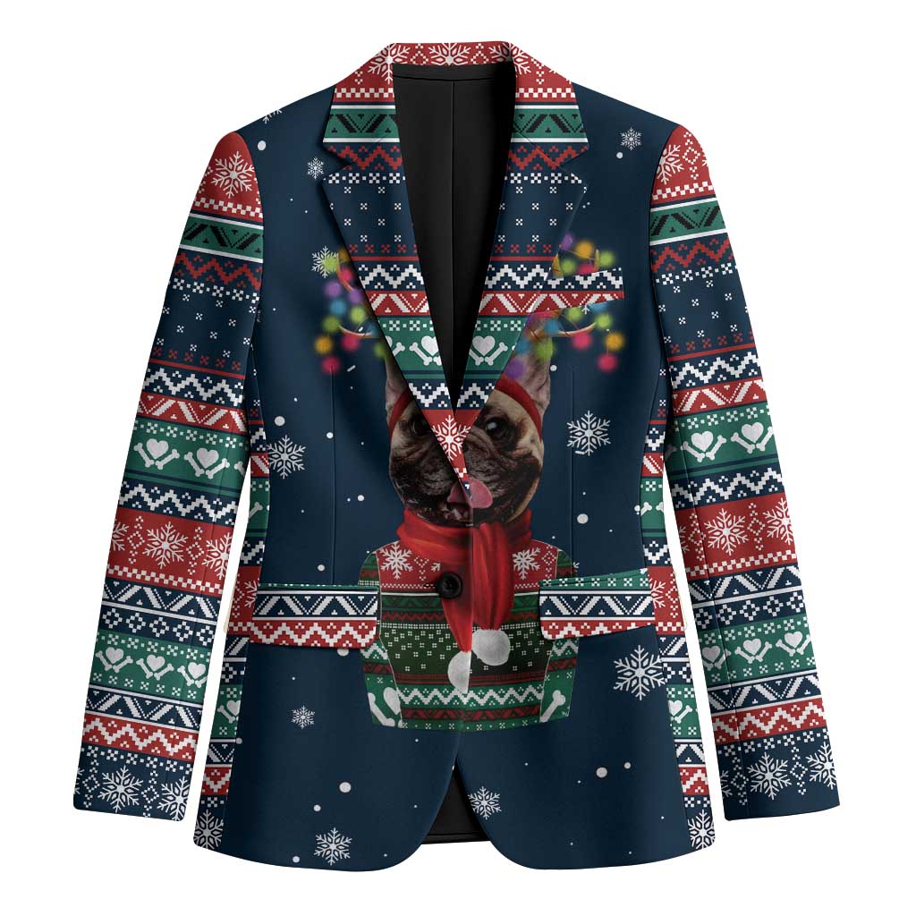 French Bulldog Reindeer Antlers Lights Blazer with Red Green Winter Pattern Design - Wonder Print Shop