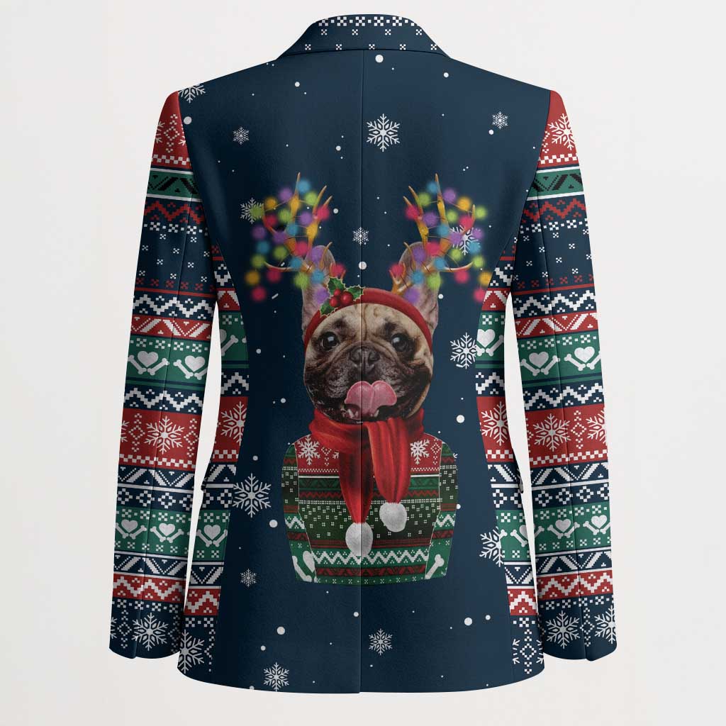 French Bulldog Reindeer Antlers Lights Blazer with Red Green Winter Pattern Design - Wonder Print Shop