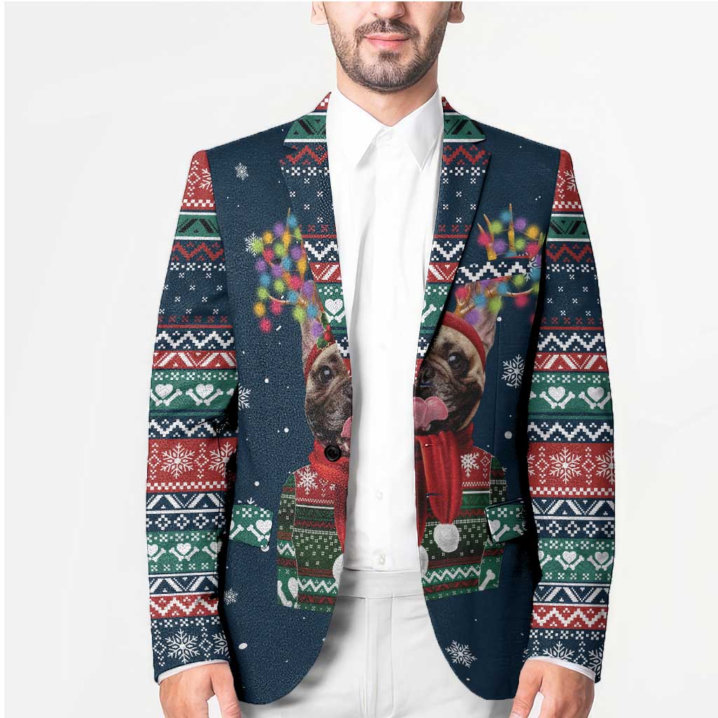 French Bulldog Reindeer Antlers Lights Blazer with Red Green Winter Pattern Design - Wonder Print Shop