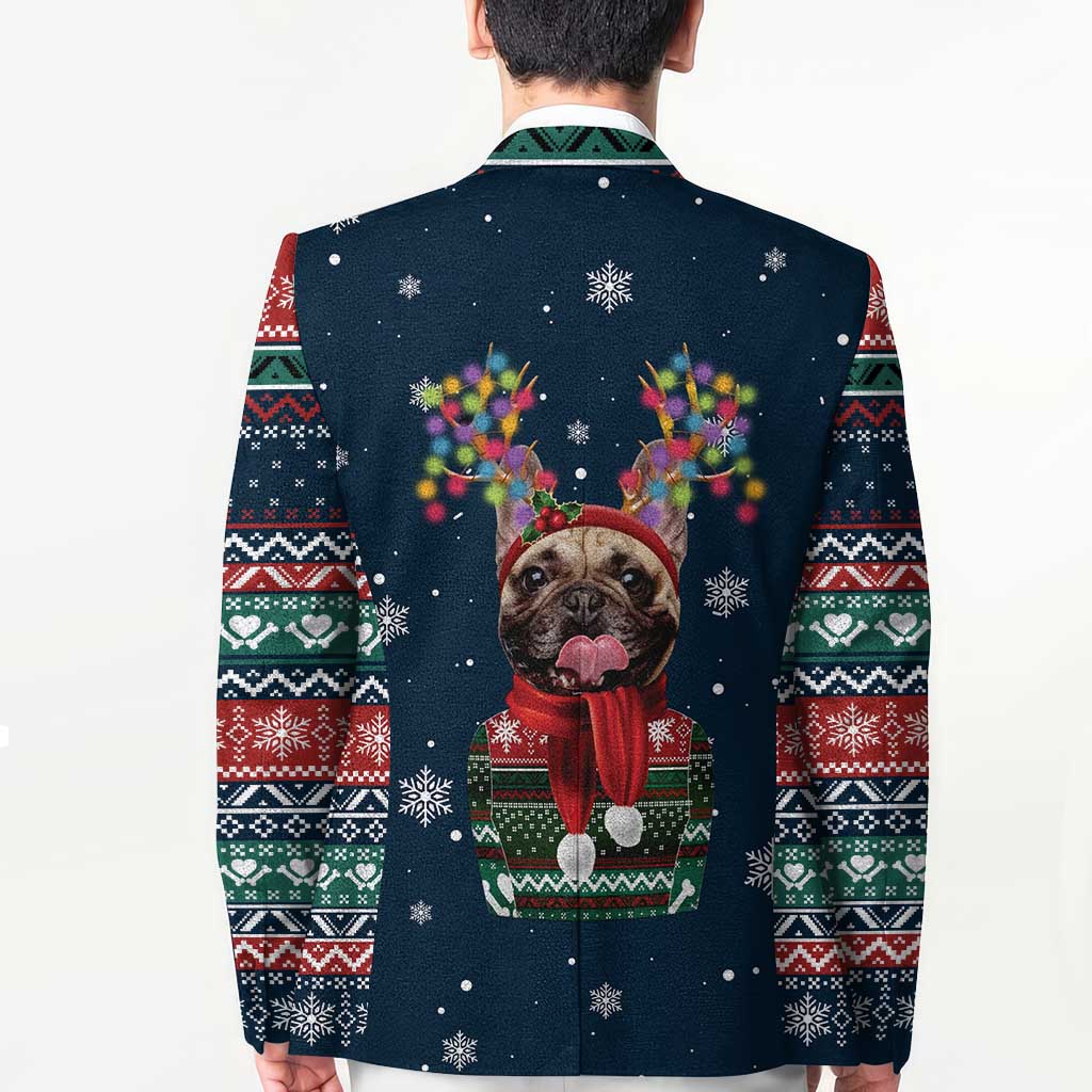 French Bulldog Reindeer Antlers Lights Blazer with Red Green Winter Pattern Design - Wonder Print Shop