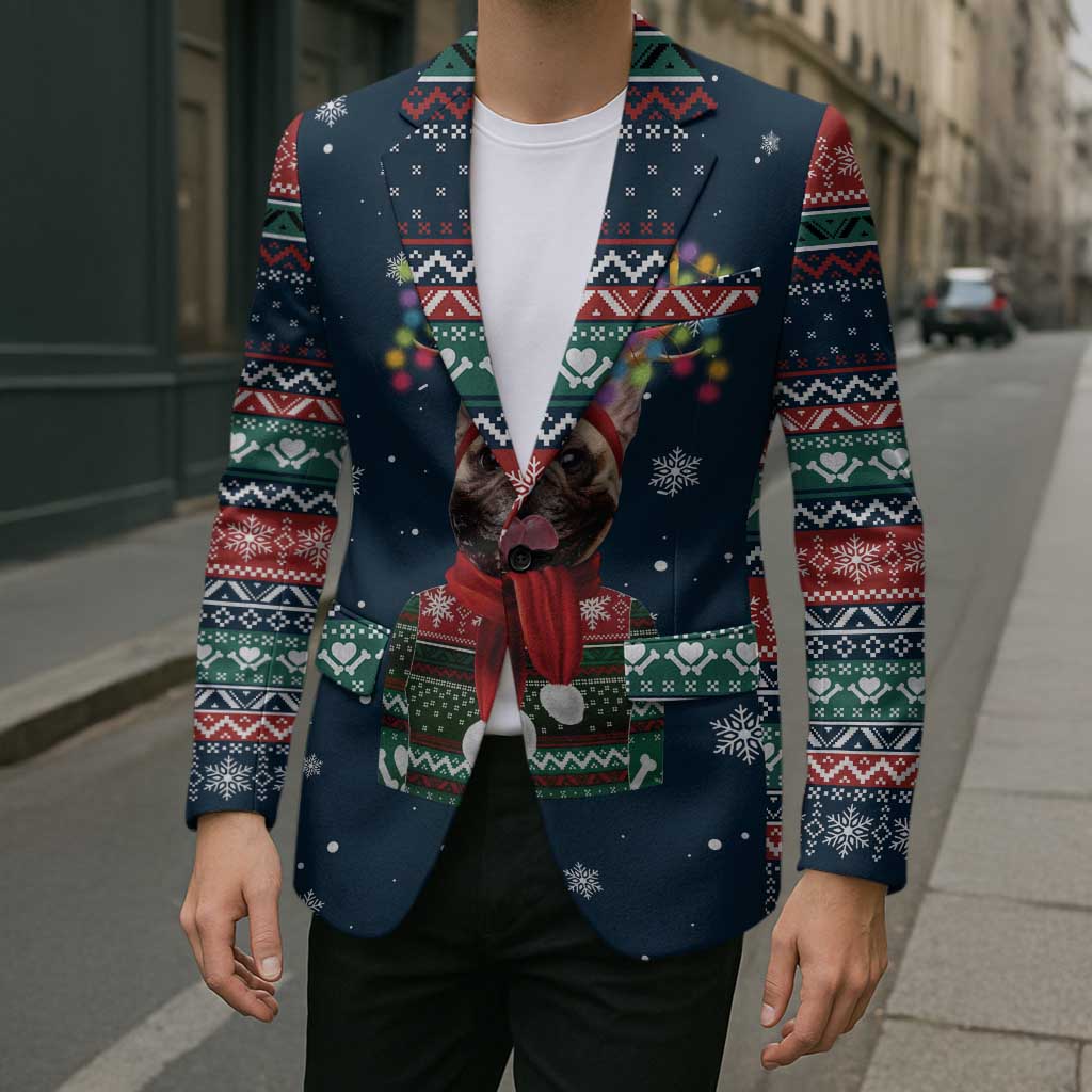 French Bulldog Reindeer Antlers Lights Blazer with Red Green Winter Pattern Design - Wonder Print Shop