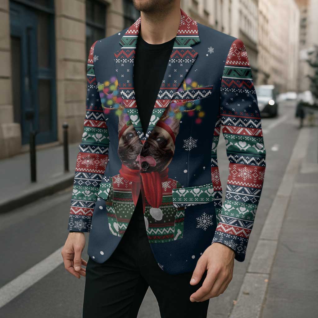 French Bulldog Reindeer Antlers Lights Blazer with Red Green Winter Pattern Design - Wonder Print Shop