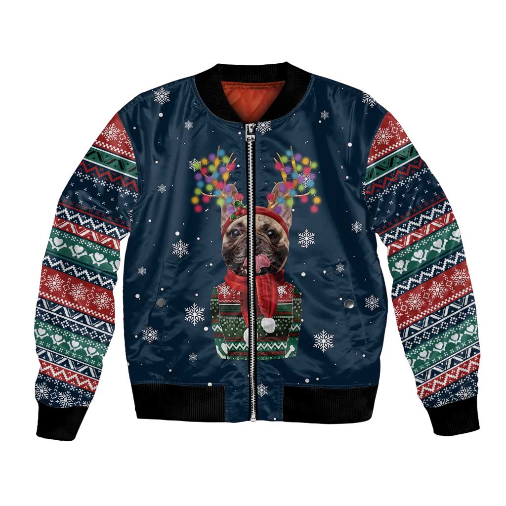 French Bulldog Reindeer Antlers Lights Bomber Jacket with Red Green Winter Pattern Design - Wonder Print Shop