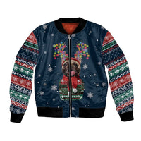 French Bulldog Reindeer Antlers Lights Bomber Jacket with Red Green Winter Pattern Design - Wonder Print Shop