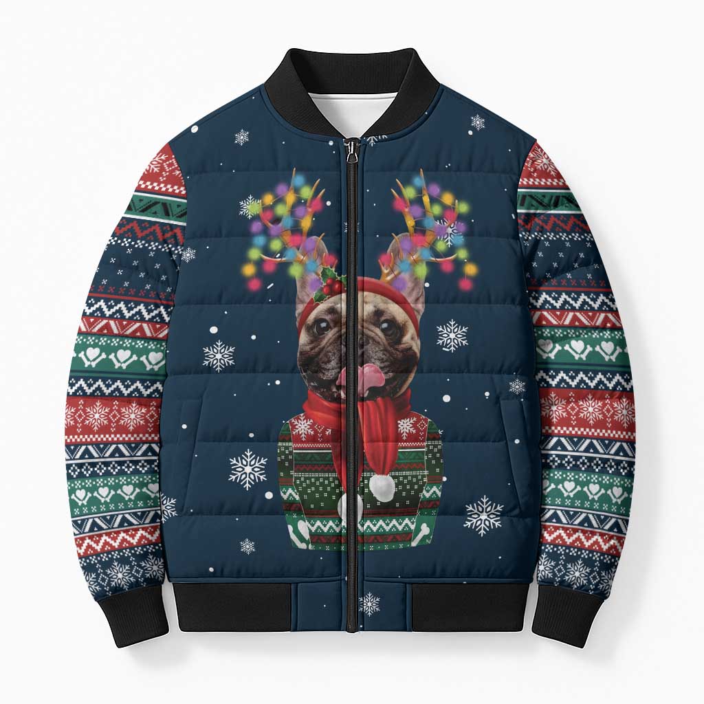 French Bulldog Reindeer Antlers Lights Bomber Puffer Jacket with Red Green Winter Pattern Design - Wonder Print Shop